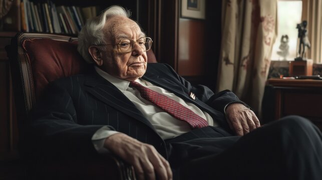 Thoughtful Senior Gentleman in Suit Warren Buffett Insightful Investor Portrait Sitting Leadership