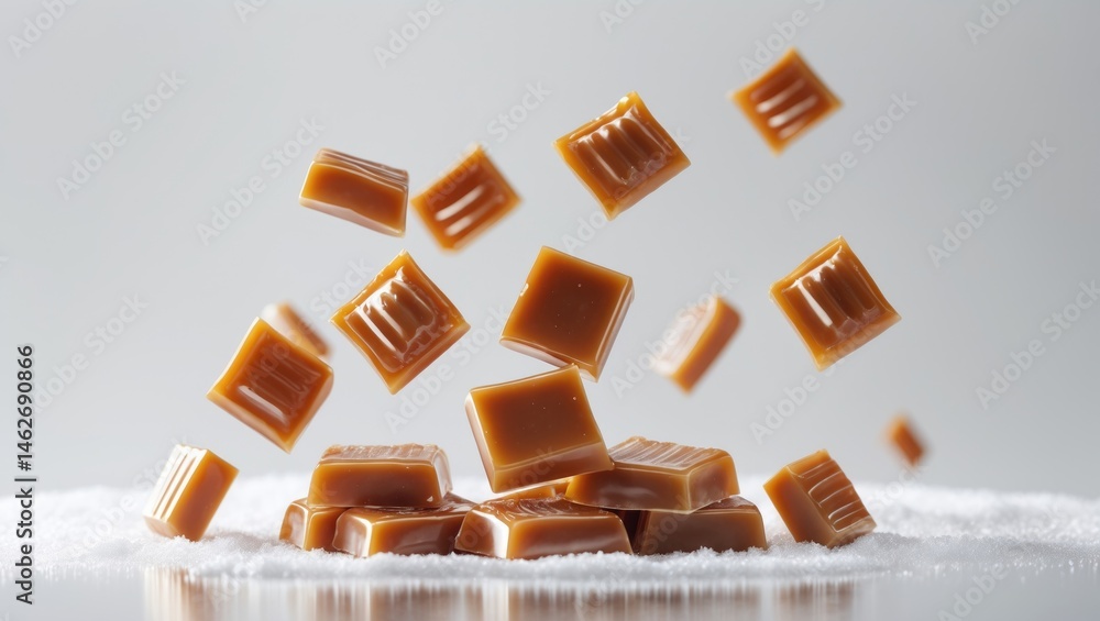 Poster caramel confection descending against a white background, isolated with clipping path and full depth