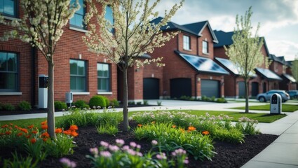 Freshly built homes in a friendly suburban community equipped with solar energy panels and electric vehicle chargers.