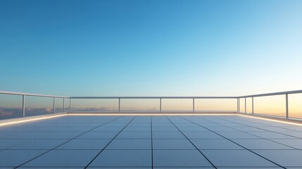 Fototapeta premium Blank open air presentation stage with glowing light between fence and floor and blue sky on background. 3D rendering, mock up illustration , no logos, no brands