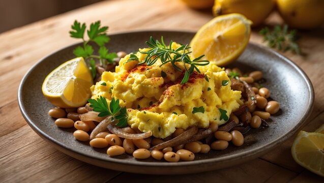 Bagila Bil Dihin: Classic Iraqi Breakfast of Dried Broad Beans and Scrambled Eggs Served on Flatbread