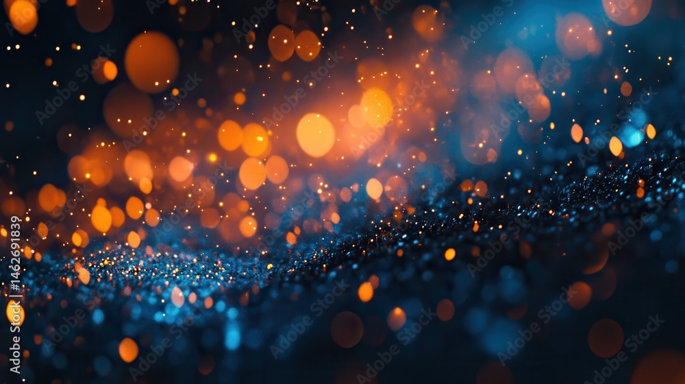 Poster abstract festive background with blue and orange bokeh lights creating a magical and dreamy atmosphe