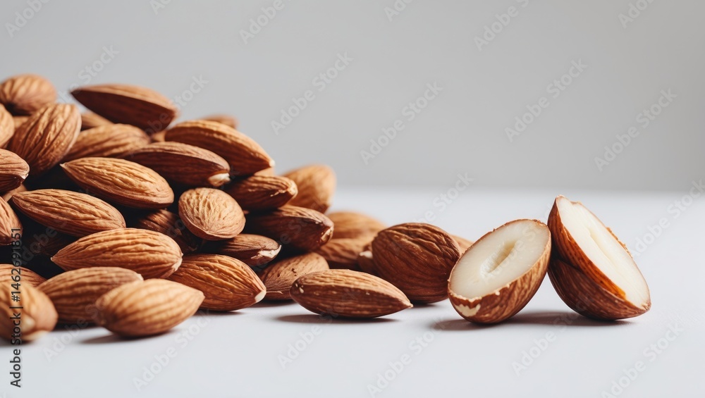 Poster almond nuts and slices displayed separately against a plain background.