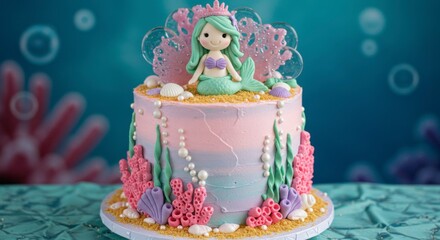 Mermaid cake decorated with coral and pearls