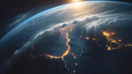 Planet Earth seen from space with an emphasis on the Middle East and a surrounding global skyline