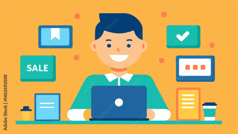 Poster gadget excitement a cheerful person sitting at a desk surrounded by multiple screens displaying sale