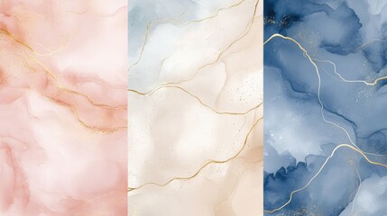 Naklejka premium Watercolor art background vector. Wallpaper design with paint brush and gold line art. Earth tone blue, pink, ivory, beige watercolor Illustration for prints, wall art, cover and invitation cards. il