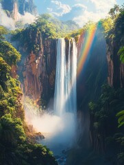 Rainbow waterfall, lush greenery