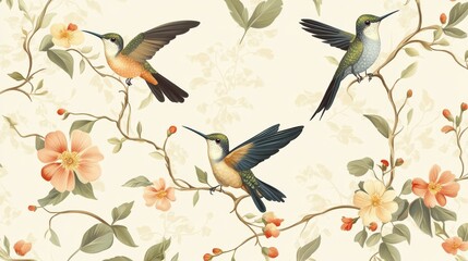 Fototapeta premium Seamless pattern with hummingbirds, flowers and vines on a cream background.