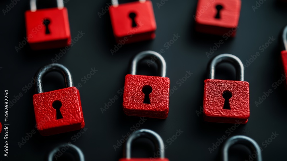 Poster Row of red locks with a black handle. The locks are all the same size and shape
