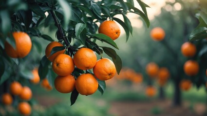 Juicy tangerine hanging from a branch in a citrus orchard