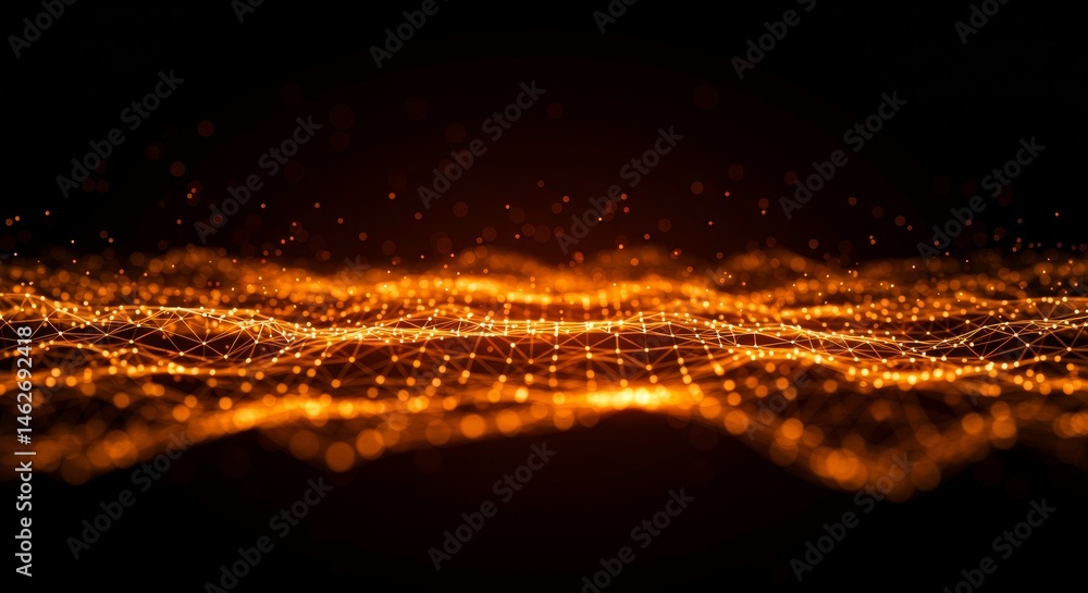 Poster glowing orange network lines and dots bokeh - abstract background with glowing orange network lines,