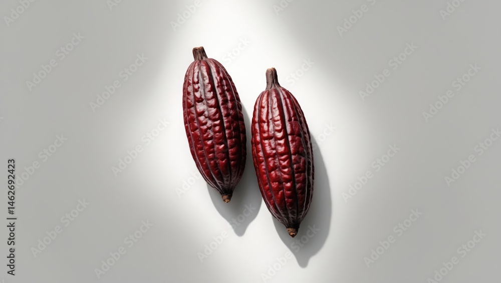 Poster isolated cacao fruits and dark red cocoa pods on white background