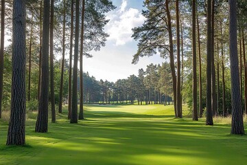 Obraz premium Beautiful scenic view of a lush green golf course and trees