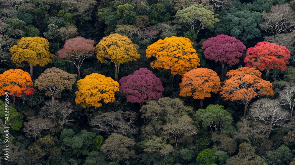 Aufkleber row of trees with many different colored leaves. the trees are in a forest and are very tall