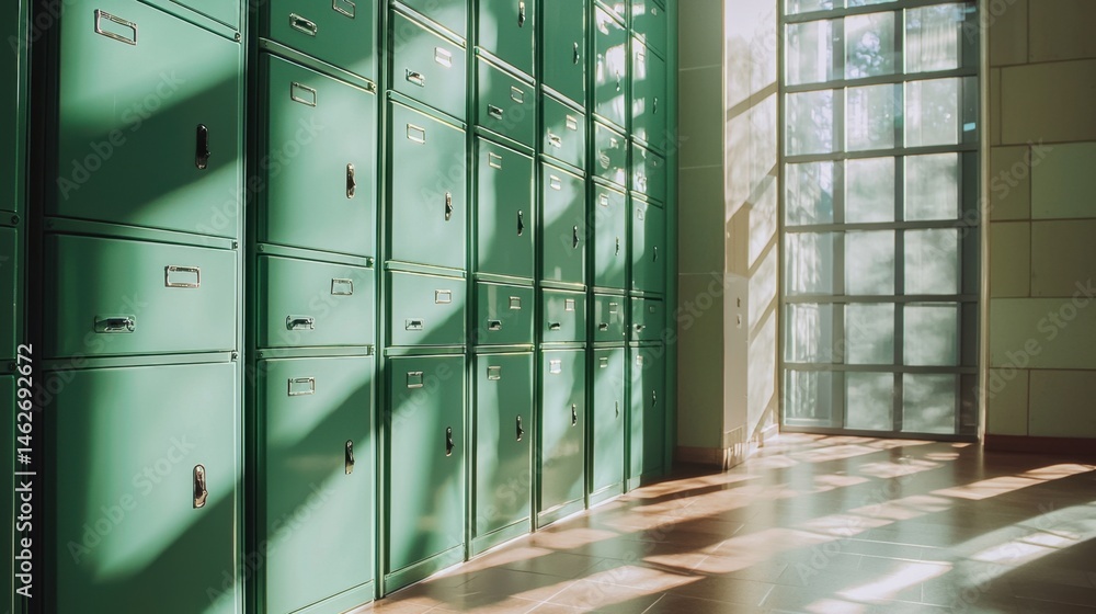 Poster sunlight streams through large windows, casting shadows on green lockers arranged neatly along a wal
