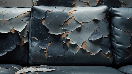 Macro shot of distressed synthetic leather on sofa showing peeling and cracking with complex surface details