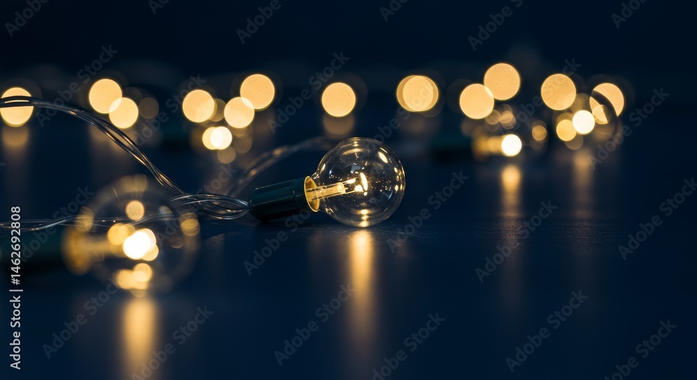 Poster glowing string lights on dark background - warm, glowing string lights illuminate a dark surface, cr