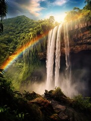 Rainbow cascading down waterfall in lush jungle