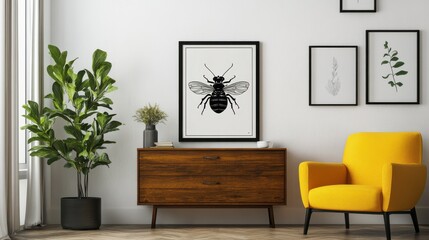 Classy minimalist living room interior with a framed insect poster on a wooden dresser, yellow armchair and monstera plant illustration , no logos, no brands