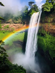Rainbow waterfall in tropical forest