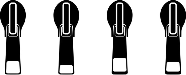 Vector illustration of various black zipper silhouettes, including pulls, sliders, and teeth designs. Ideal for fashion, tailoring, sewing, and garment concepts. Vector illustration