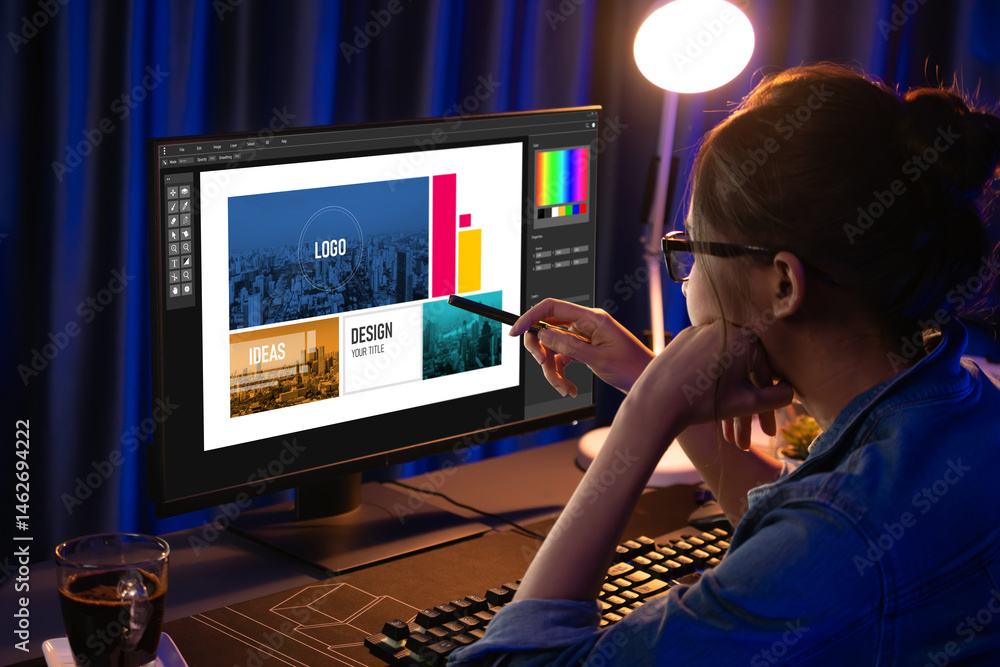Poster graphic designer software for modern design of web page and commercial brisk ads showing on the comp