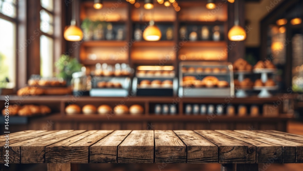 Poster cozy cafe scene featuring a wooden table inside a modern lounge with blurred background