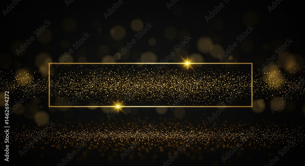 Poster golden glitter sparkles background - elegant golden glitter particles with a rectangular frame on a 