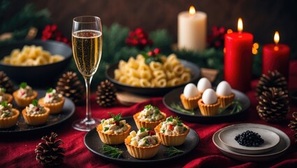 Christmas dinner setup with homemade dishes, a variety of appetizers including vol-au-vent and caviar canapes, champagne, candles, and holiday-themed decorations.