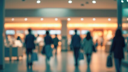 Blurred backdrop of a shopping center with people and stores