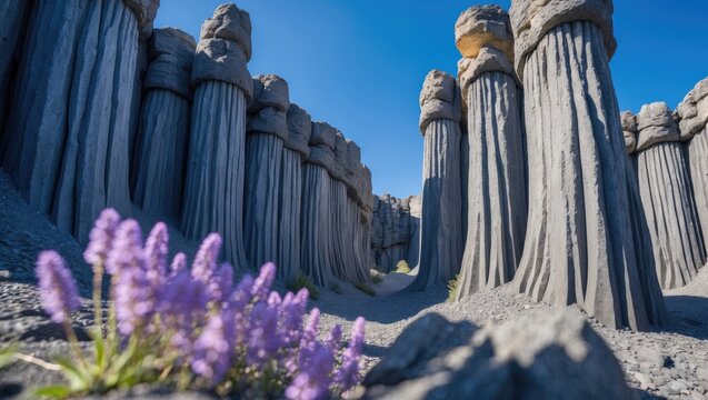 Scenic volcanic basalt rock wall with hexagon-shaped columns and geological formations
