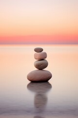 Zen rock stack on beach at sunset
