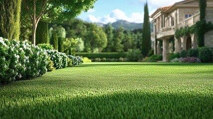 Fototapeta premium A beautifully maintained residential yard with a freshly mowed lawn