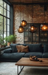 Modern living room, sectional sofa, glass pendants, exposed brick, plant