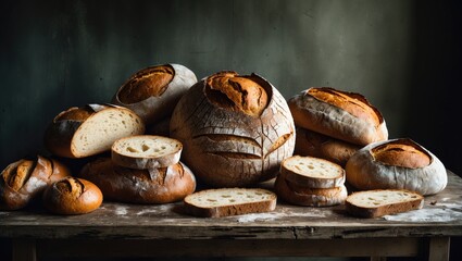 Artisan bread assortment in a basket with slices and blank area