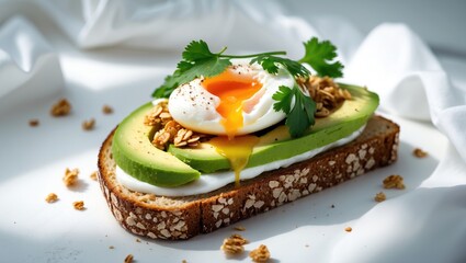 Healthy avocado toast with poached egg on whole wheat bread, isolated on white background