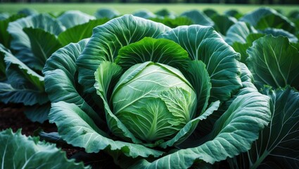 Fototapeta premium Close-up of a large organic cabbage grown in a garden during spring or summer