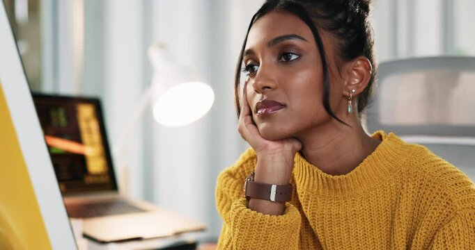 Woman, bored or tired by computer in office, annoyed or frustrated with creative career. Burnout, fatigue or low energy with lazy employee or deadline procrastination, moody or sleepy at startup