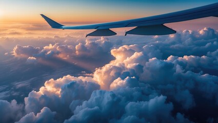 Breathtaking view of clouds and vibrant sunset hues from above, captured during a flight