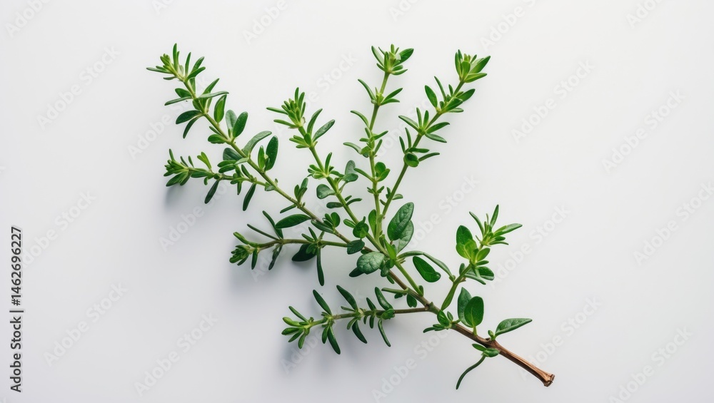 Poster single fresh thyme herb branch with white string on background