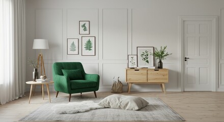 Green Velvet Armchair in Modern Living Room Interior - Tranquil living space, green velvet armchair, natural wood sideboard, botanical art, minimalist decor, serene atmosphere. Symbolizing comfort