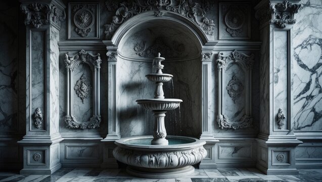 A beautifully designed marble wall adorned with elaborate carvings and a central fountain, showcasing rich patterns and textures.