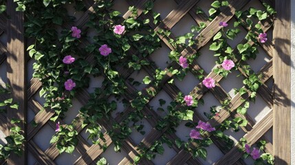 Pink flowers climbing wooden trellis, garden wall, sunlight