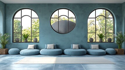 Tranquil, serene interior design with a calming blue color scheme