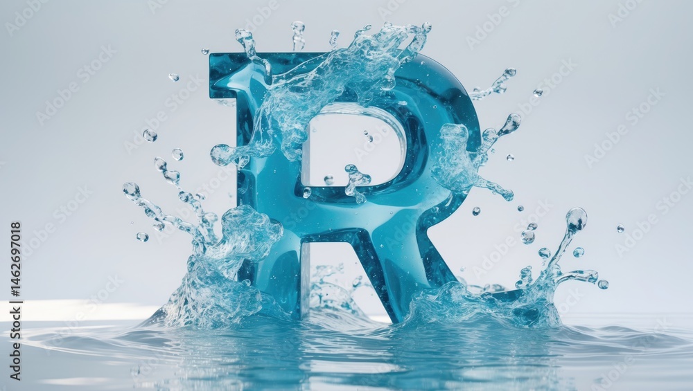 Poster Isolated R letter created from water splashes against a plain background
