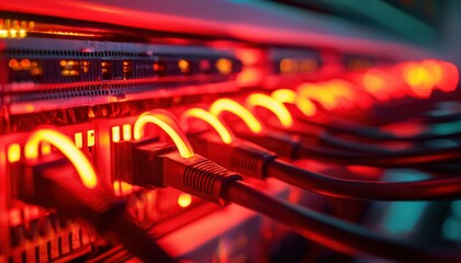 Obraz premium Network cables glowing red