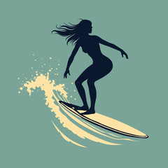 Beachside adventure featuring a female surfer mastering the sea, energetic and lively vector art for summer and sports themes