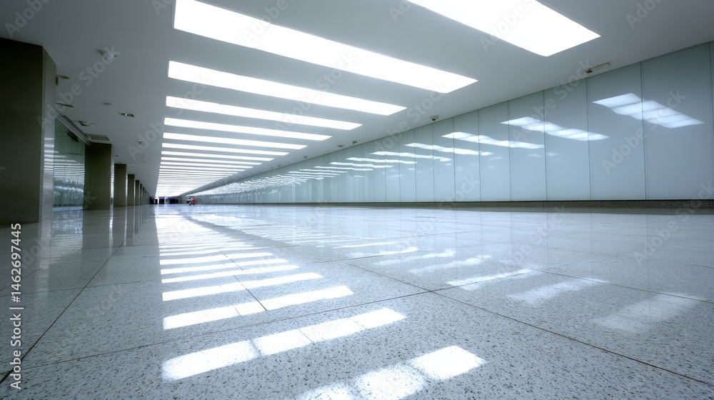 Aufkleber A long corridor features glowing rectangular ceiling panels that softly illuminate polished floors, enhancing the moody ambiance in a contemporary setting