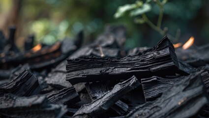 Close-up image showcasing burned wood with grunge and charcoal textures in an outdoor setting